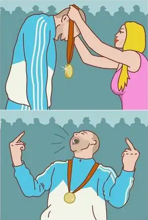 Panels 1 and 4 facebook image Never Give Up, which is basis of the Bronze Medal Meme. In this 2 panel edit, the top panel is an athlete getting a medal and the bottom panel is him yelling (although what words, if any, is not clear) and flipping off the crowd with both hands