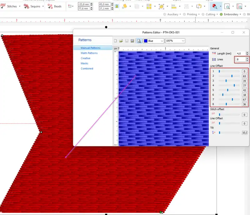 Screenshot of Embroidery Office 23 Pattern Editor - manual fill