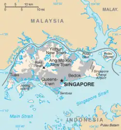 Map showing Singapore island and the territories belonging to Singapore and its neighbours