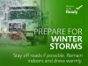 A plow truck plowing snow in a storm. Text reads: Prepare for winter storms. Stay off roads if possible. Remain indoors and dress warmly.